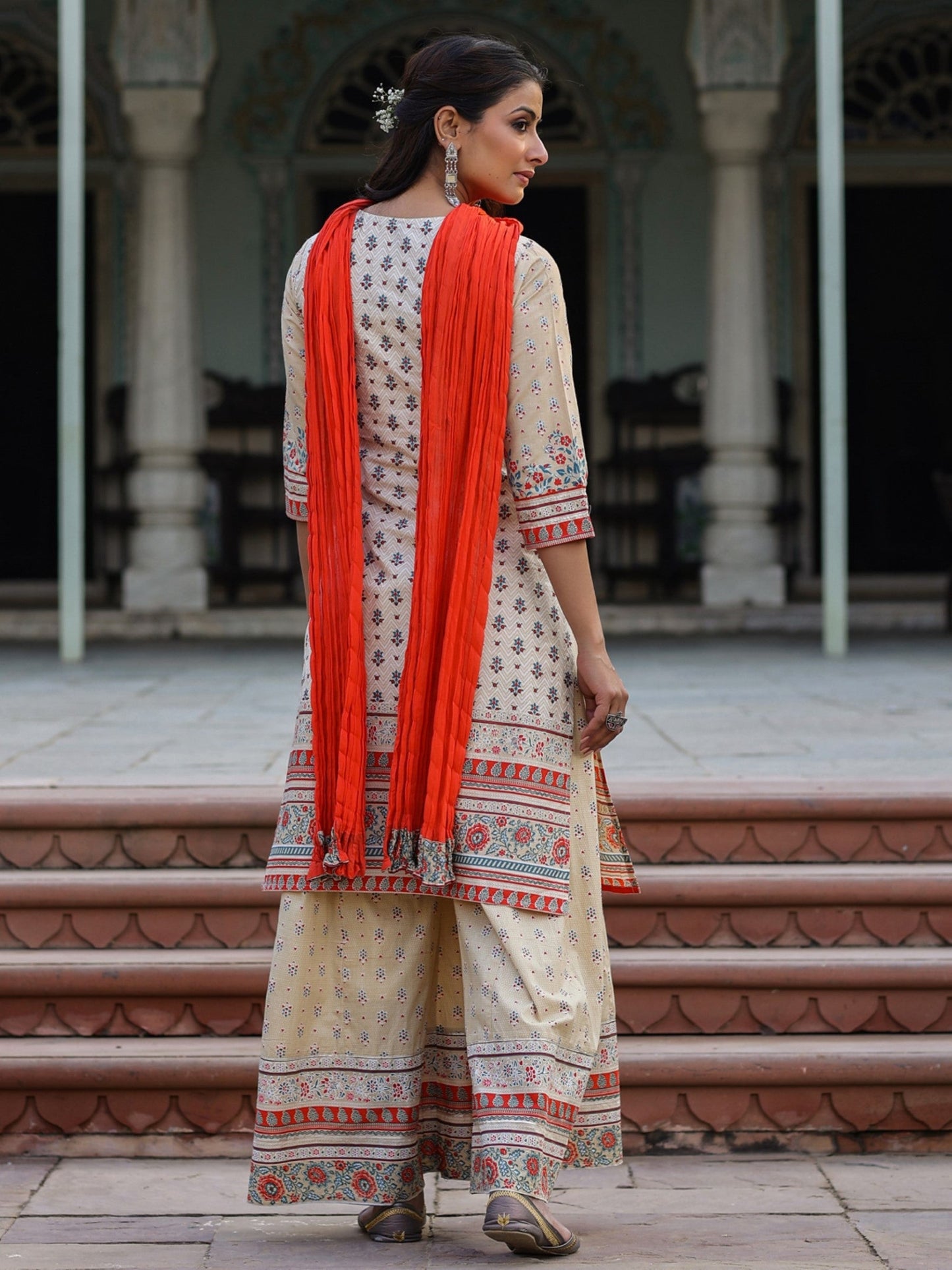 Juniper Women Beige Cotton Cambric Printed Kurta, Sharara & Dupatta Set | Swadesiicart
