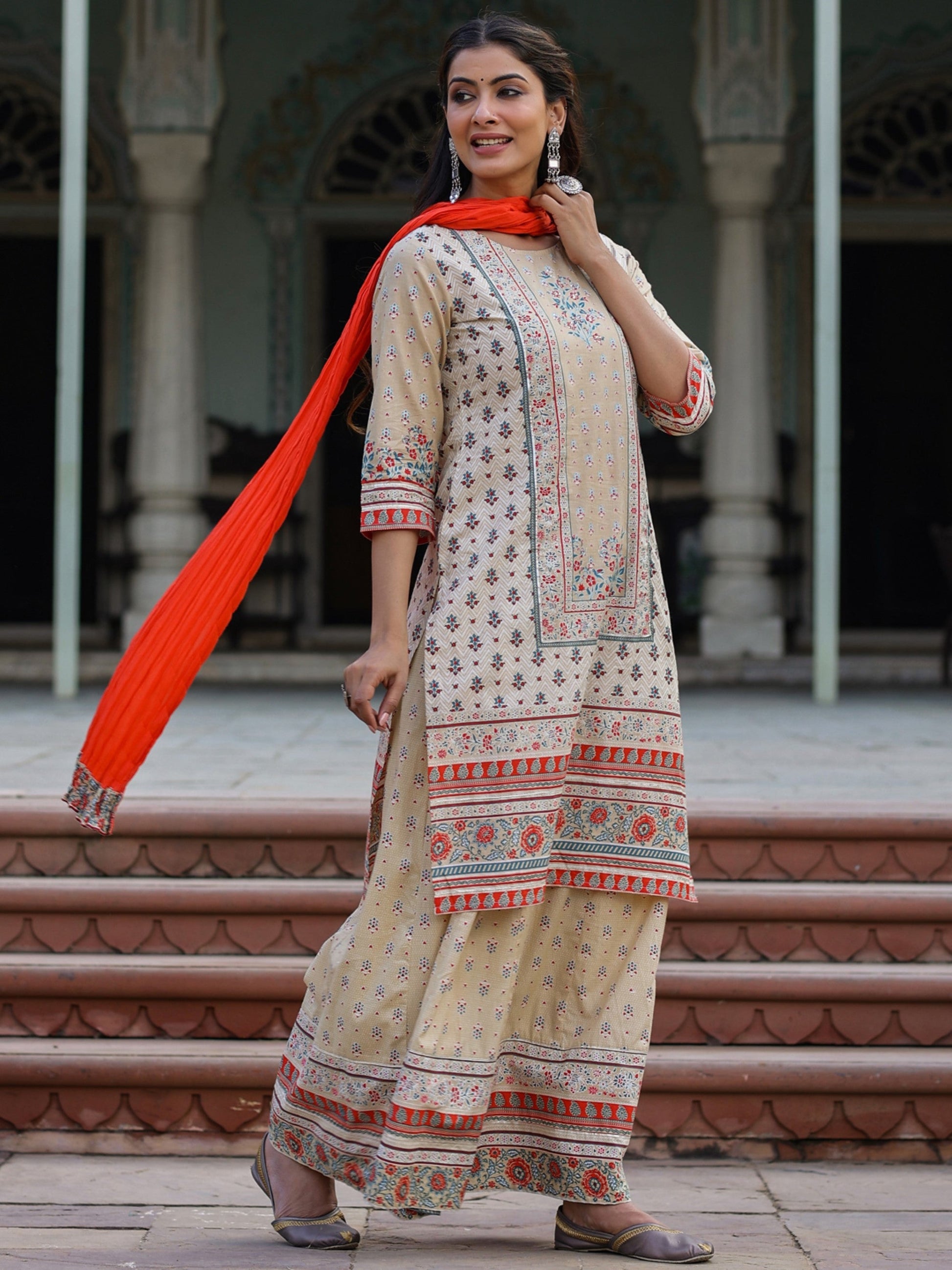 Juniper Women Beige Cotton Cambric Printed Kurta, Sharara & Dupatta Set | Swadesiicart