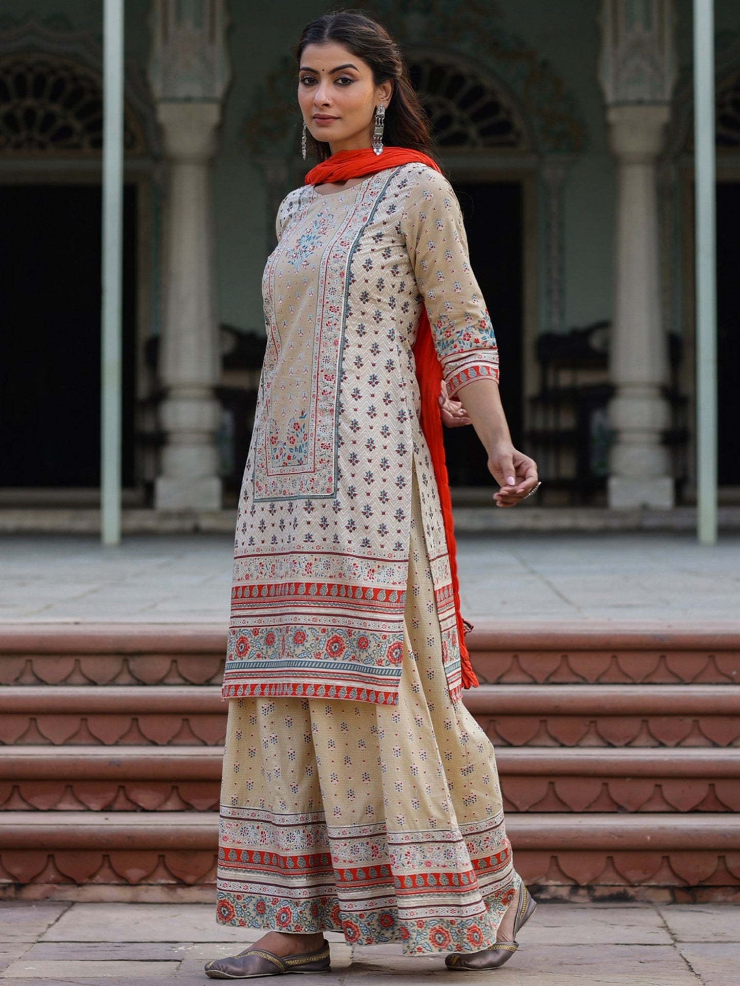 Juniper Women Beige Cotton Cambric Printed Kurta, Sharara & Dupatta Set | Swadesiicart
