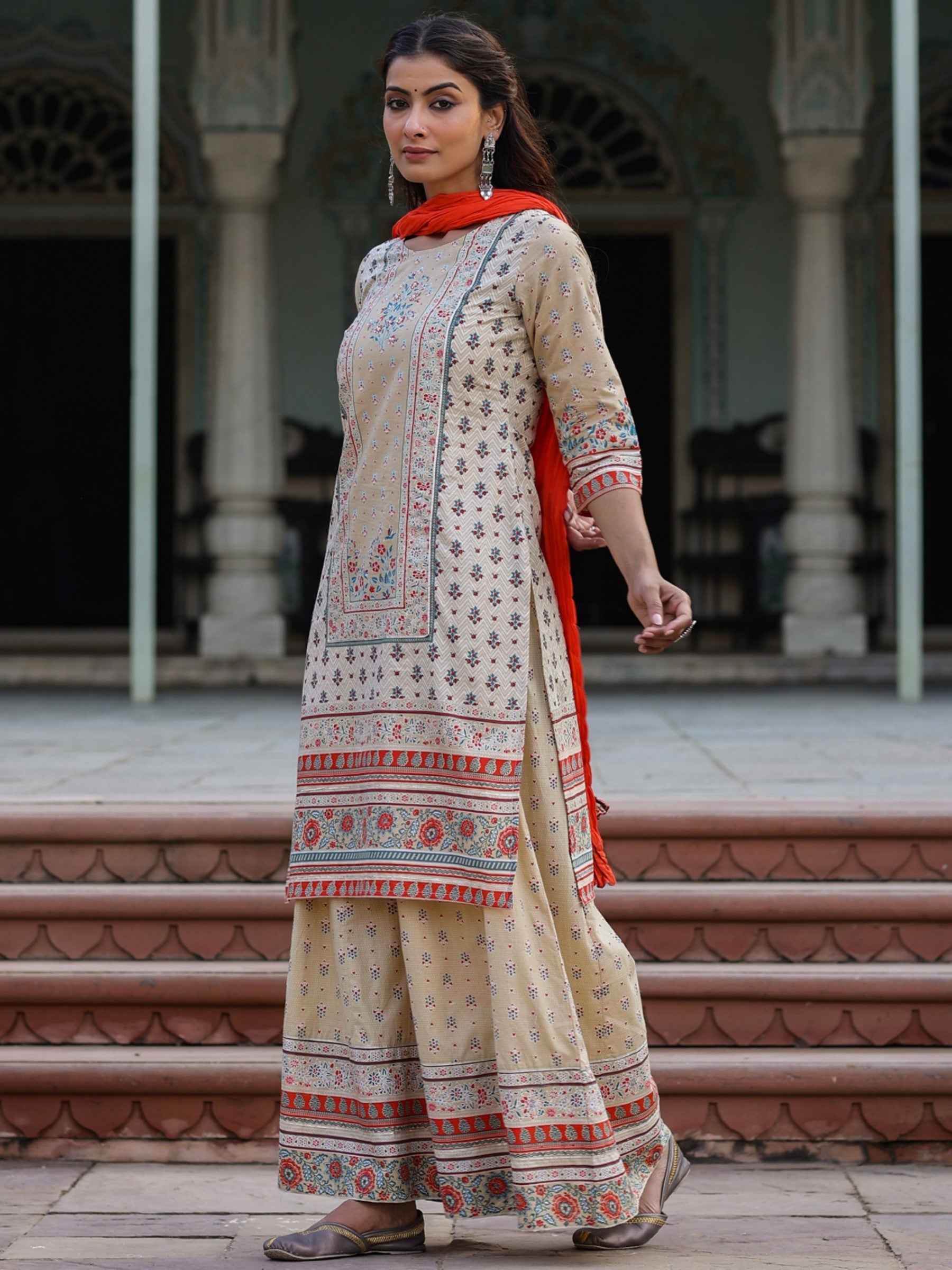 Juniper Women Beige Cotton Cambric Printed Kurta, Sharara & Dupatta Set | Swadesiicart