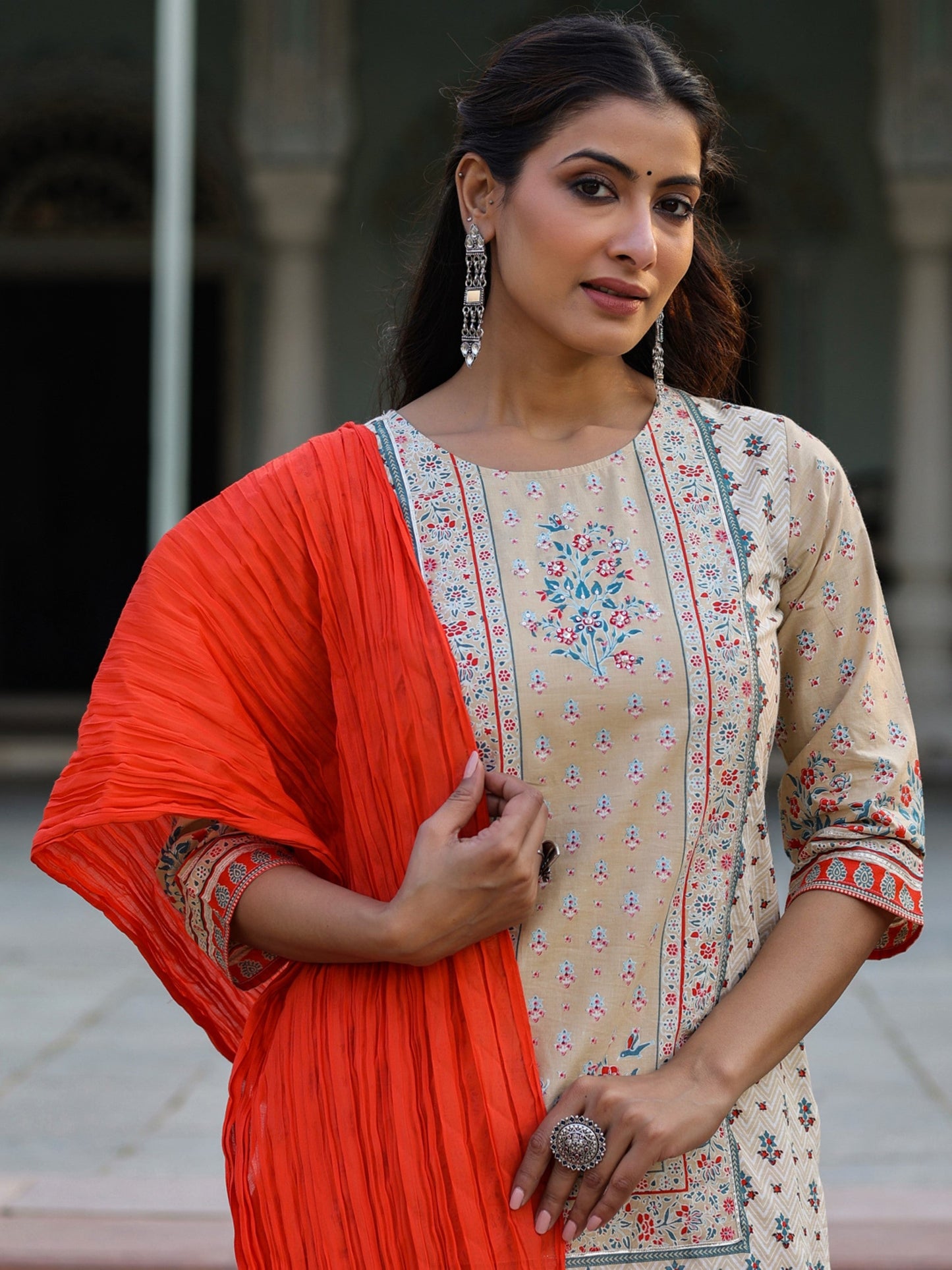 Juniper Women Beige Cotton Cambric Printed Kurta, Sharara & Dupatta Set | Swadesiicart