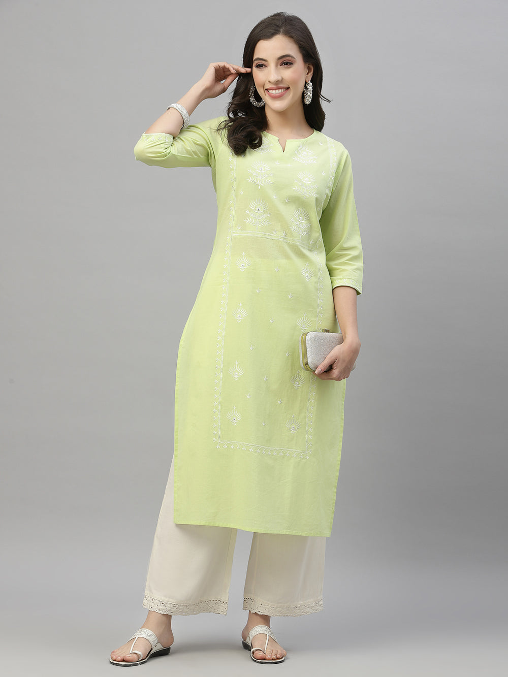Juniper Pista Green Cambric Festive Embroidered Straight Kurta For Women | Swadesiicart