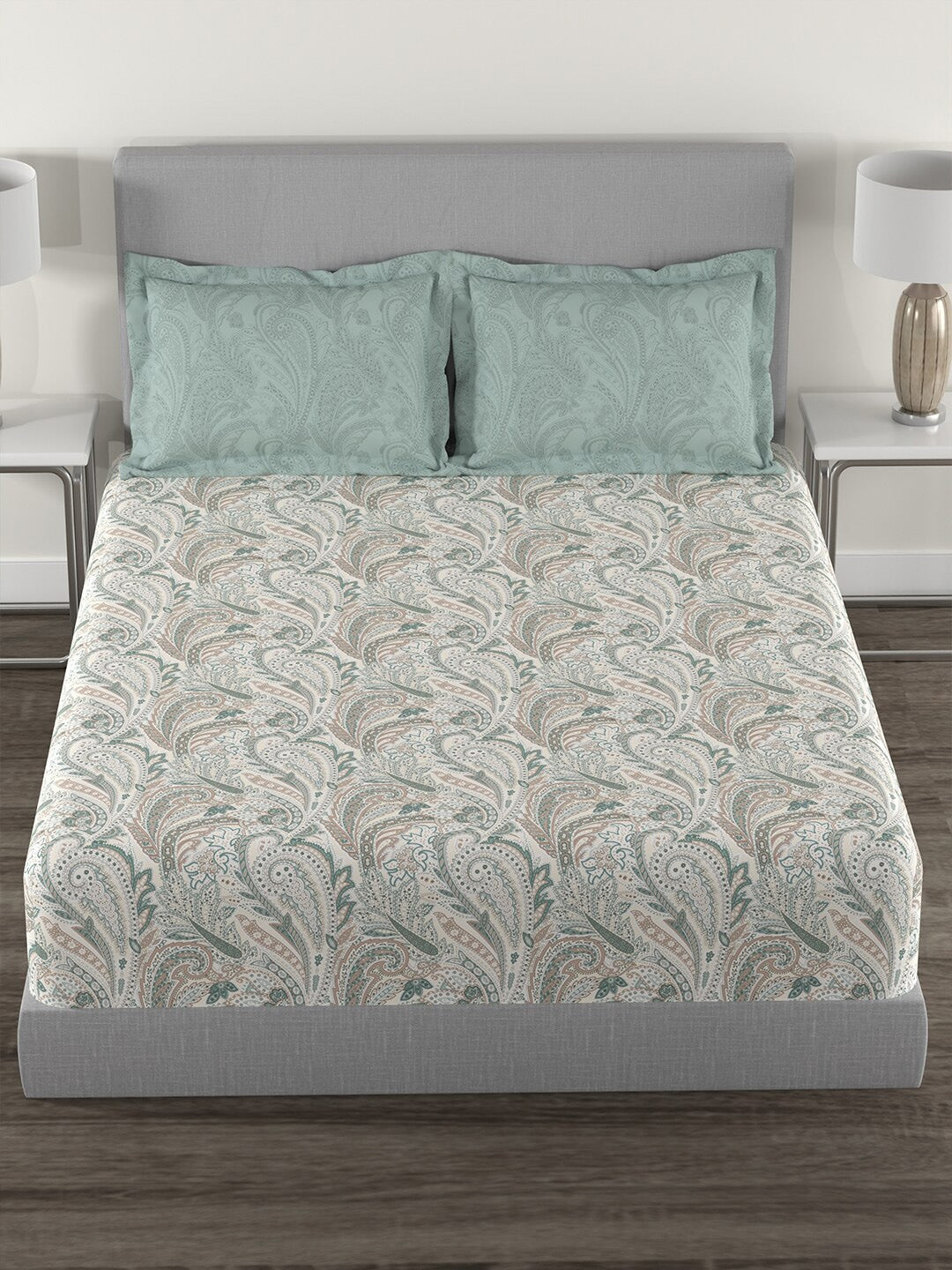 MYTRIDENT Green White Ethnic Motifs Cotton 144 TC Queen Bedsheet With 2 Pillow Covers - Swadesiicart