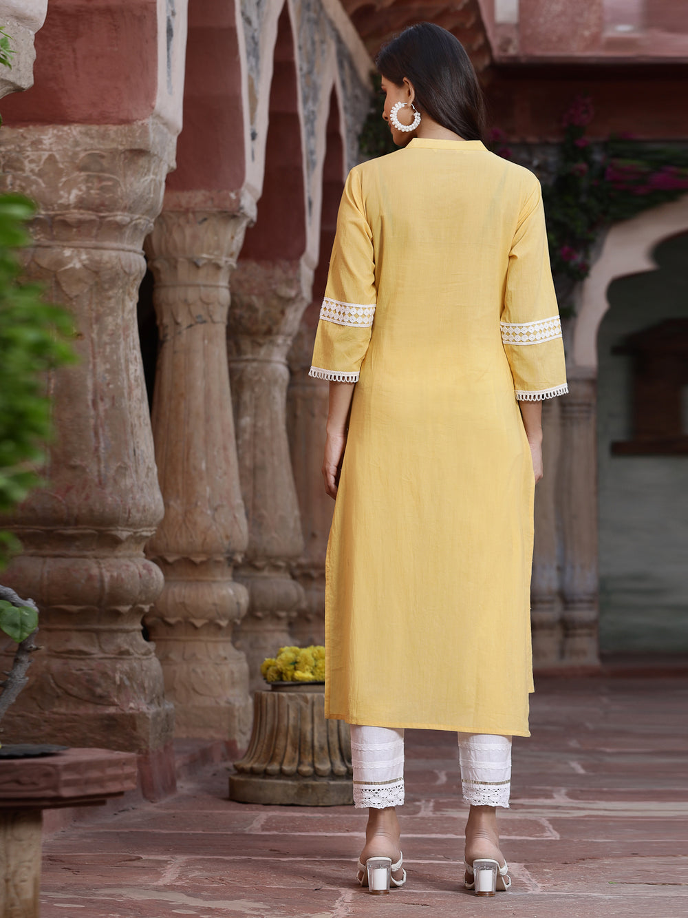 Juniper Women's Yellow Cambric Embroidered Straight Kurta | Swadesiicart