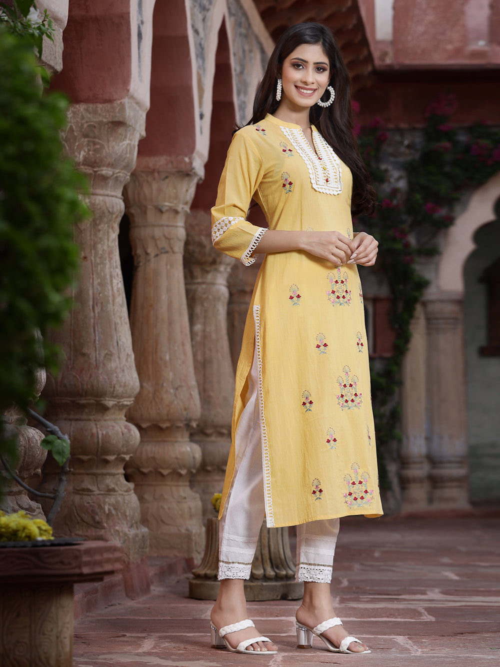 Juniper Women's Yellow Cambric Embroidered Straight Kurta | Swadesiicart