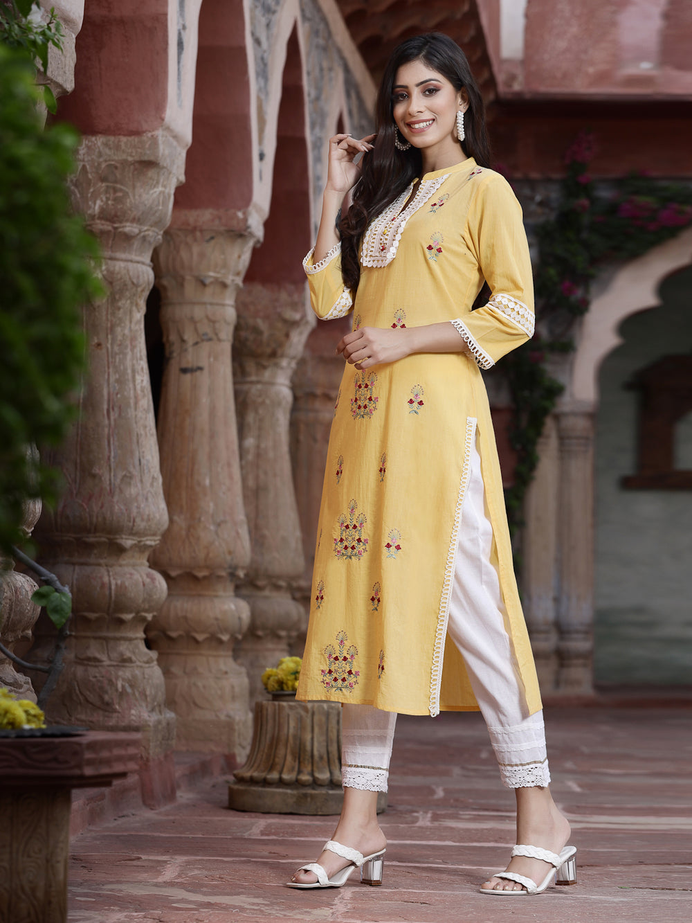 Juniper Women's Yellow Cambric Embroidered Straight Kurta | Swadesiicart