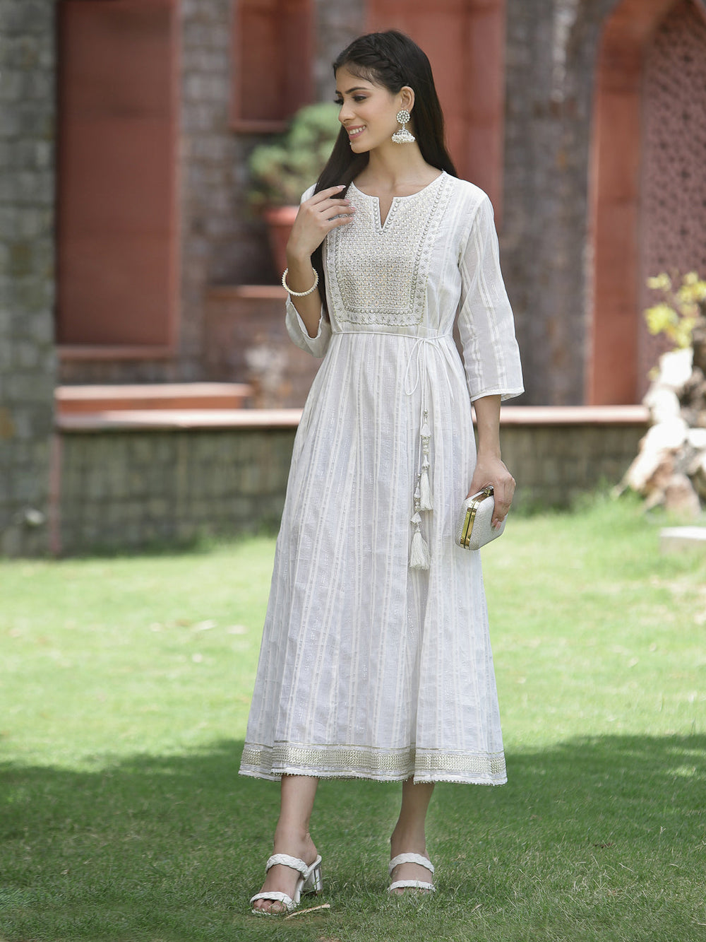 Juniper White Cotton Lurex Festive Embroidered Flared Long Dress For Women | Swadesiicart
