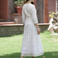 Juniper White Cotton Lurex Festive Embroidered Flared Long Dress For Women | Swadesiicart