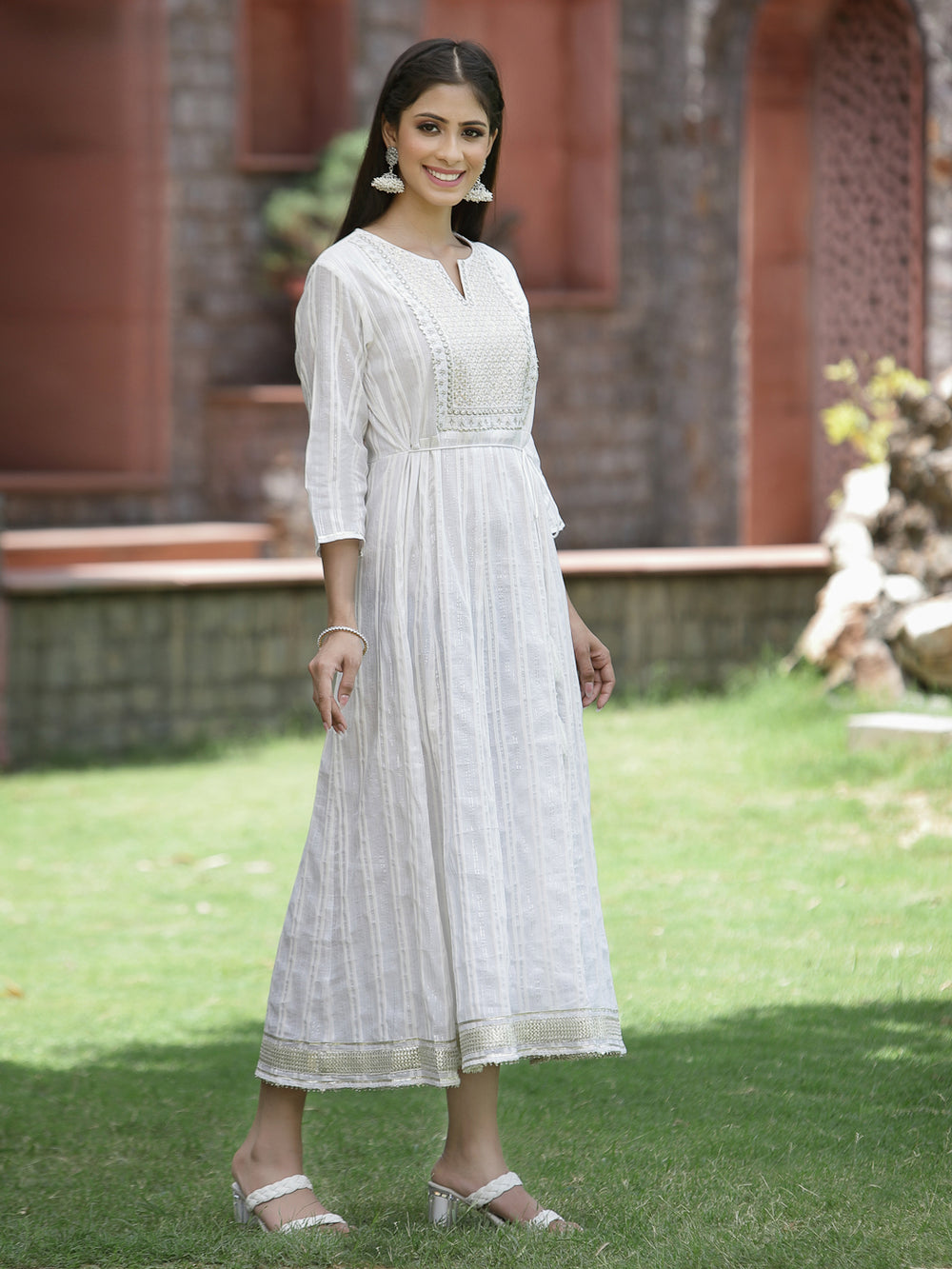 Juniper White Cotton Lurex Festive Embroidered Flared Long Dress For Women | Swadesiicart