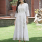 Juniper White Cotton Lurex Festive Embroidered Flared Long Dress For Women | Swadesiicart