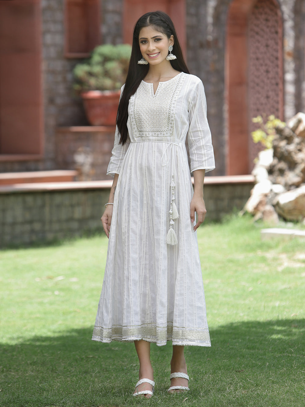 Juniper White Cotton Lurex Festive Embroidered Flared Long Dress For Women | Swadesiicart