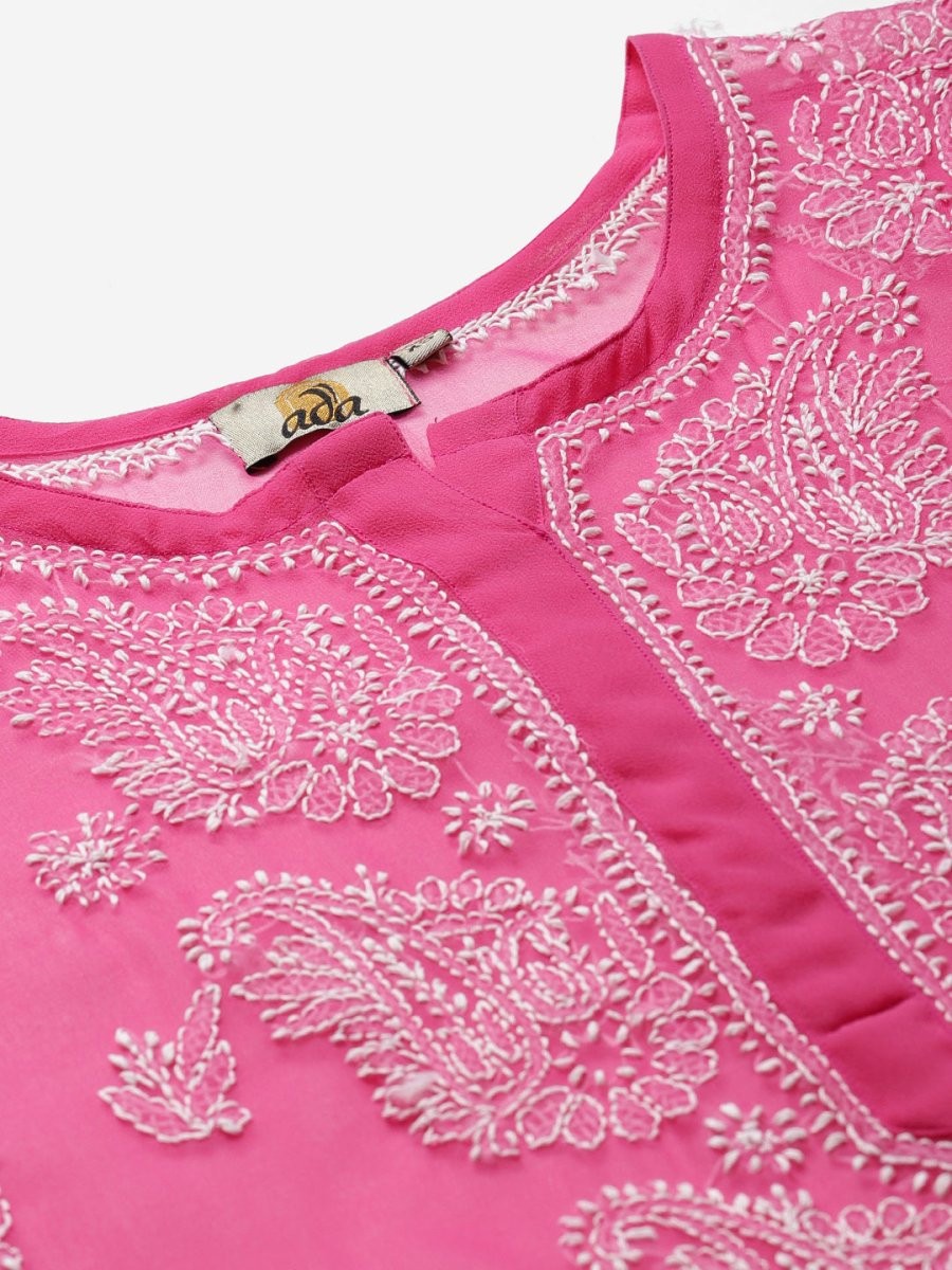 ADA Women Pink & White Sheer Chikankari Embroidered Straight Handloom Kurta with Inner | Swadesiicart