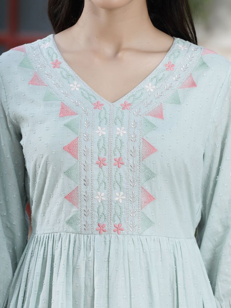 Juniper Women's Mint Green Cotton Dobby Embroidered A-Line Short Dress | Swadesiicart