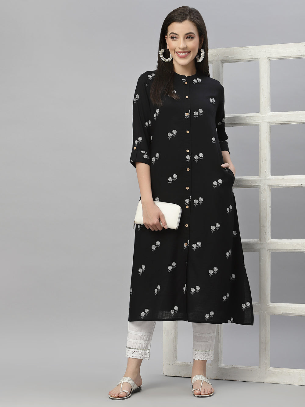Juniper Black Rayon Festive Printed A-Line Kurta For Women | Swadesiicart