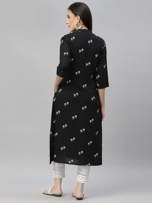 Juniper Black Rayon Festive Printed A-Line Kurta For Women | Swadesiicart