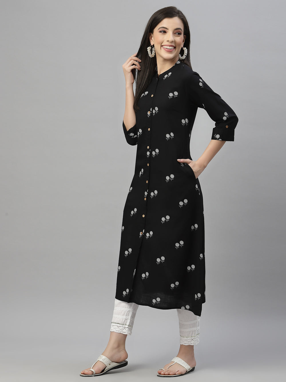 Juniper Black Rayon Festive Printed A-Line Kurta For Women | Swadesiicart