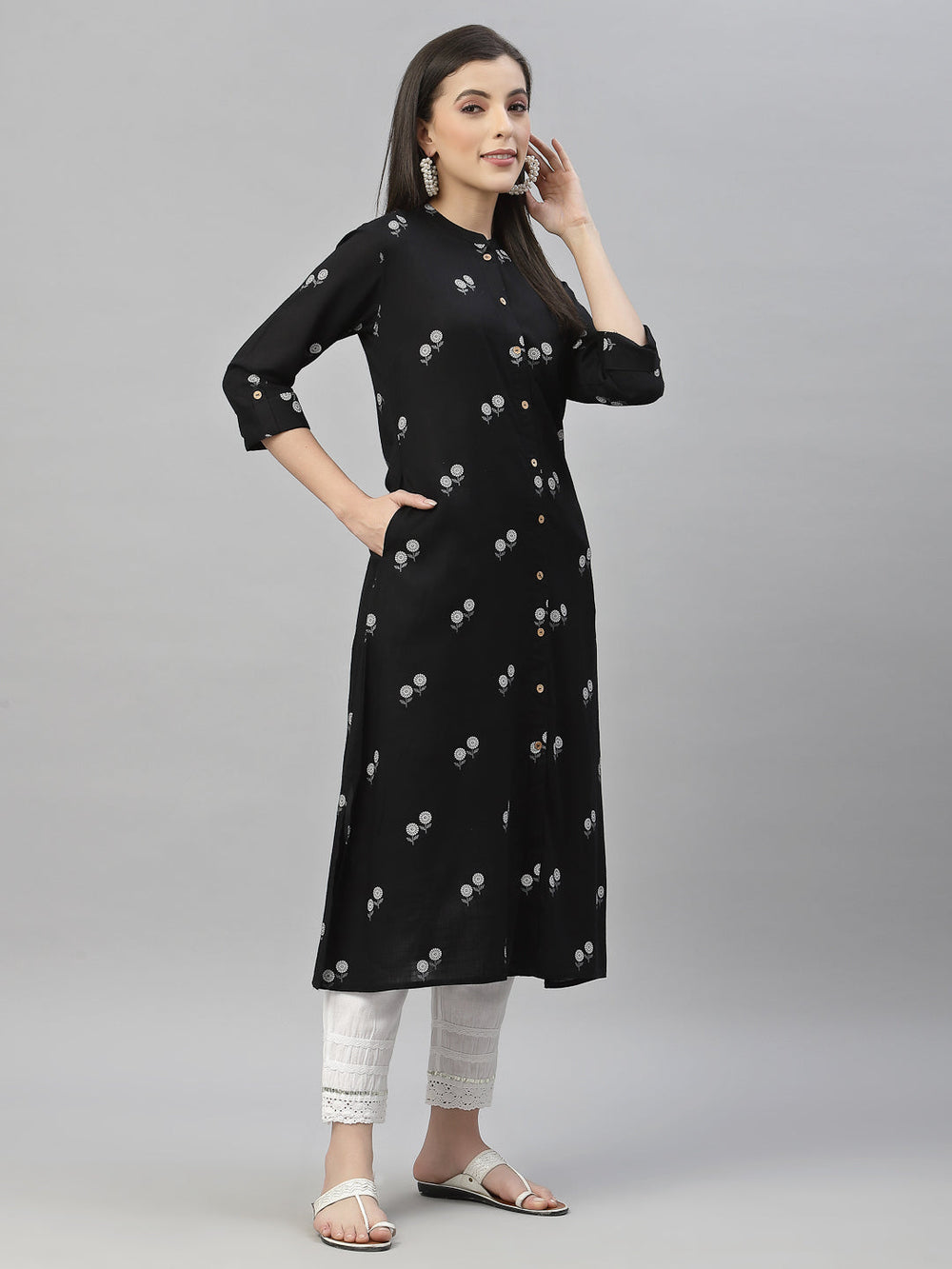 Juniper Black Rayon Festive Printed A-Line Kurta For Women | Swadesiicart