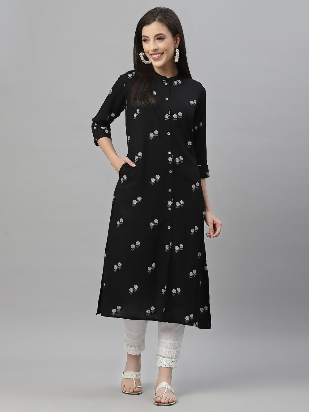 Juniper Black Rayon Festive Printed A-Line Kurta For Women | Swadesiicart