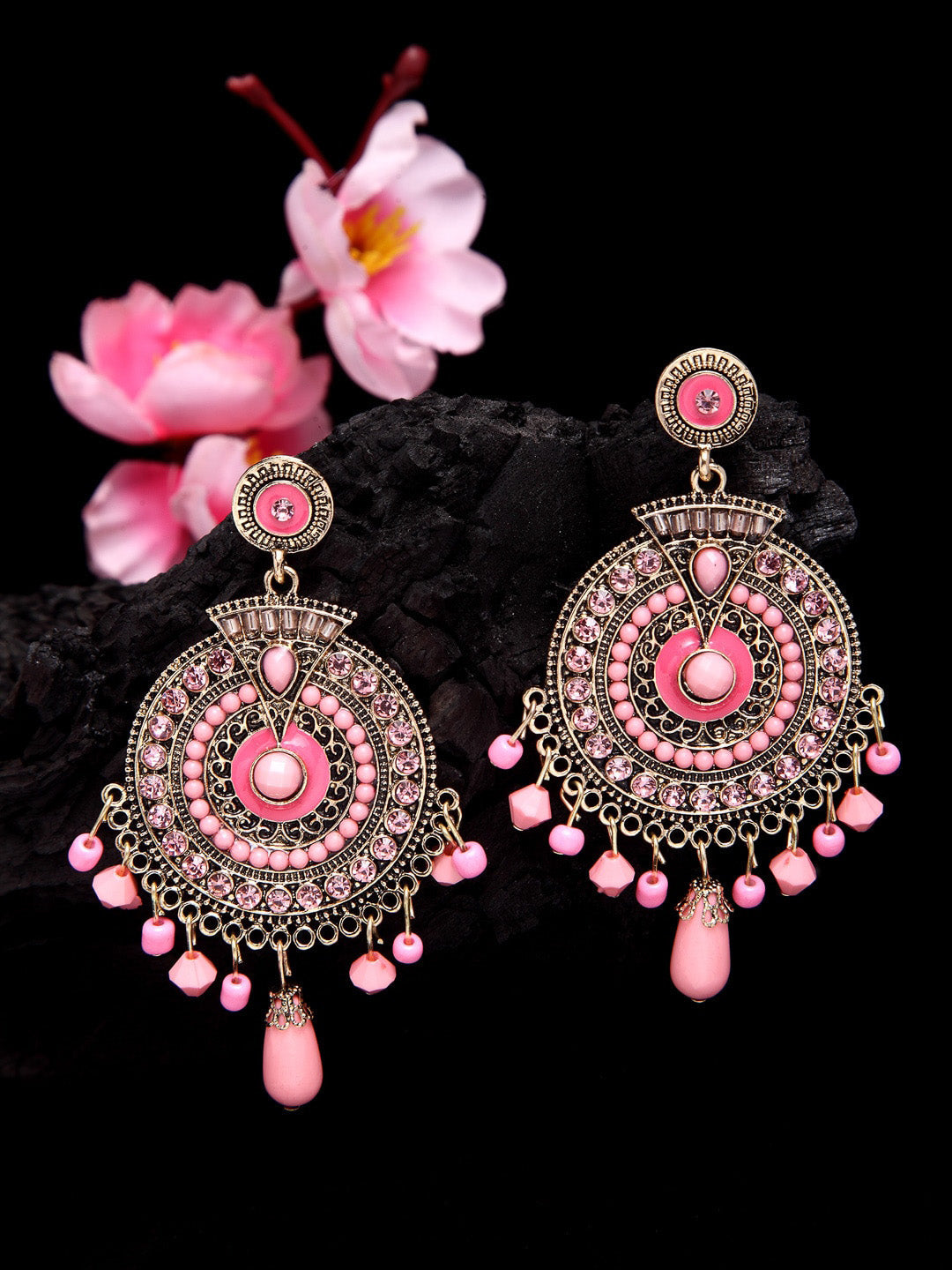 Shining Diva Pink Circular Drop Earrings | Swadesiicart