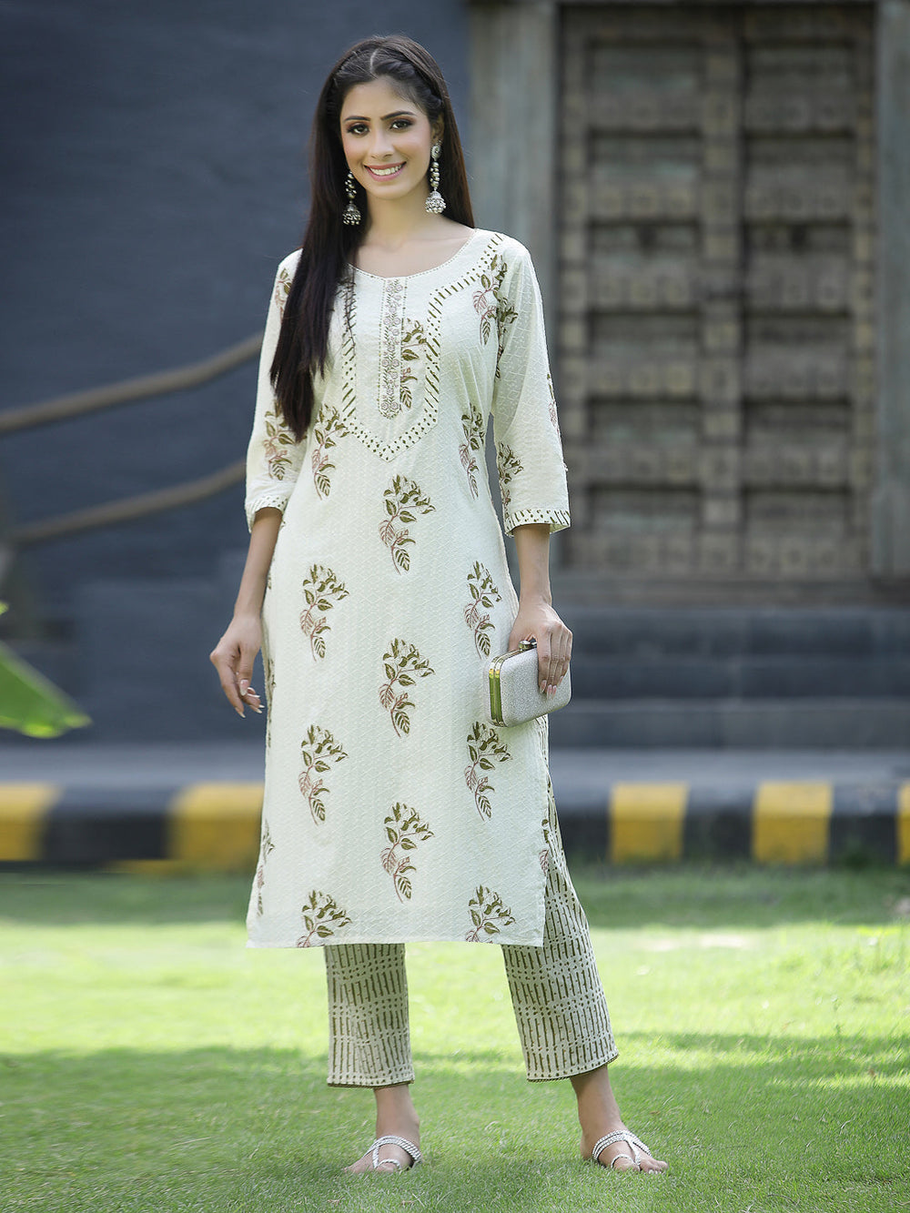 Juniper Off White Cotton Dobby Festive Printed Straight Kurta Sets For Women - Swadesiicart