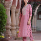 Juniper Women's Pink Muslin Embroidered Straight Kurta Sets - Swadesiicart