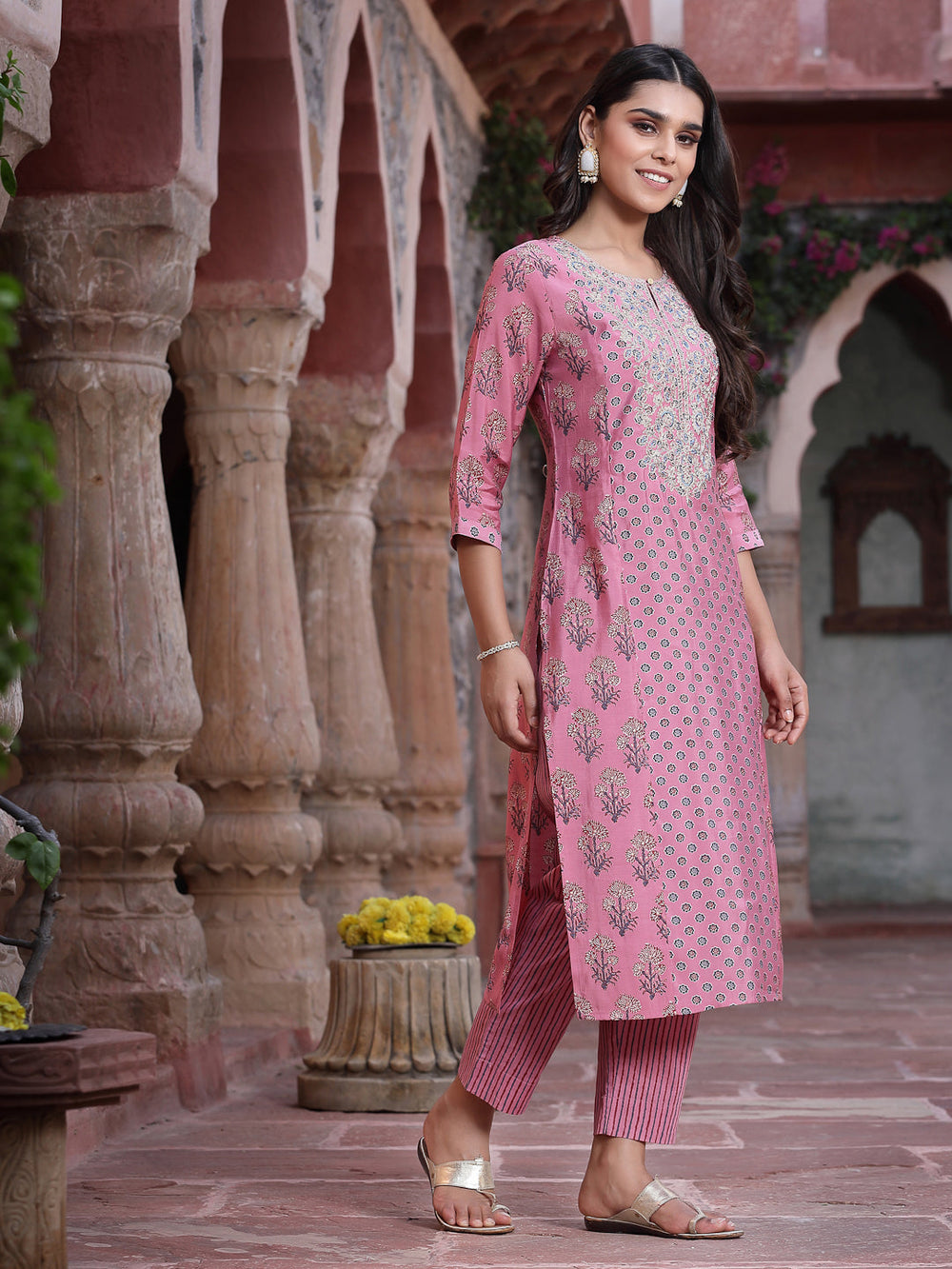 Juniper Women's Pink Muslin Embroidered Straight Kurta Sets - Swadesiicart