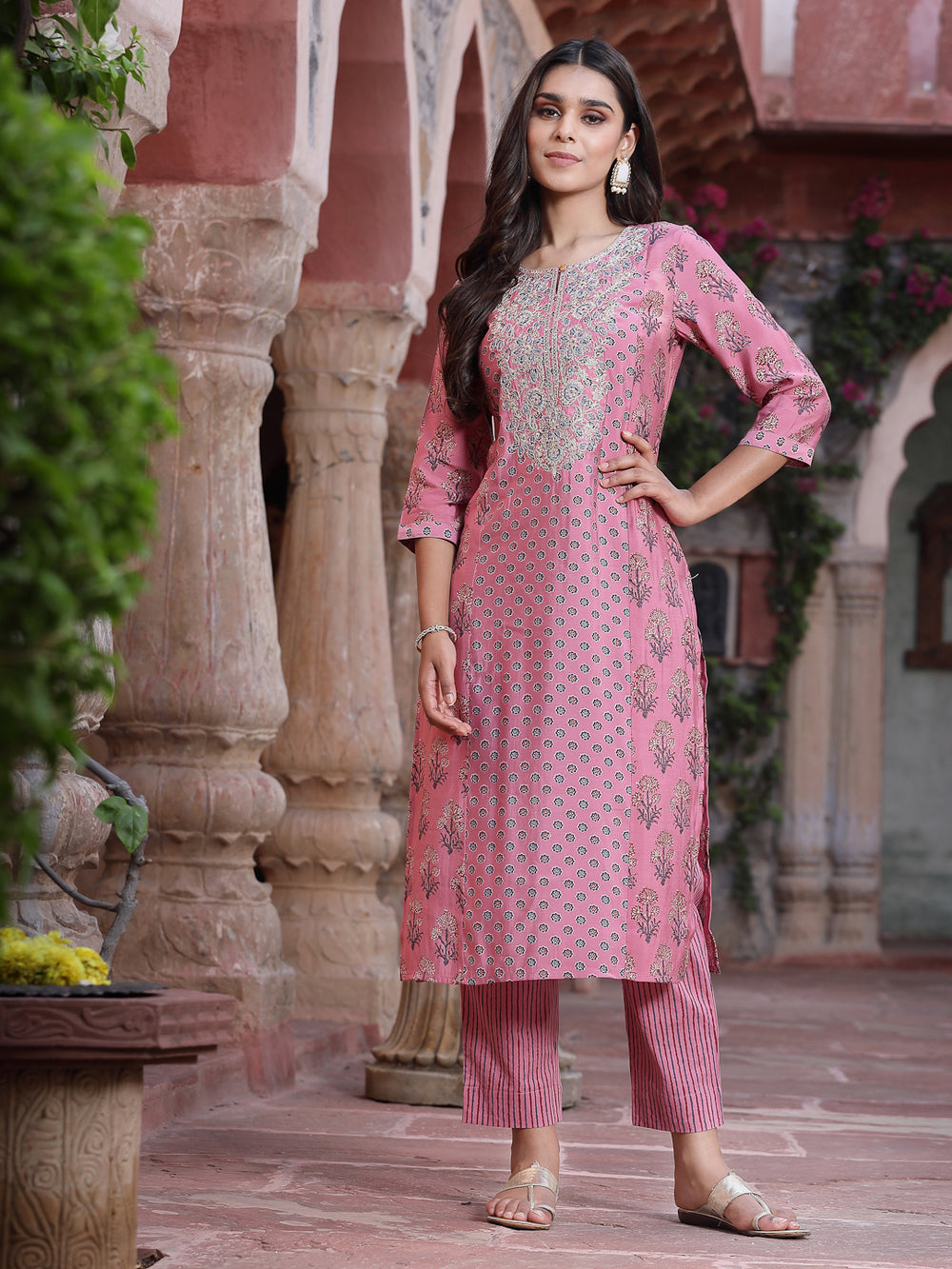 Juniper Women's Pink Muslin Embroidered Straight Kurta Sets - Swadesiicart