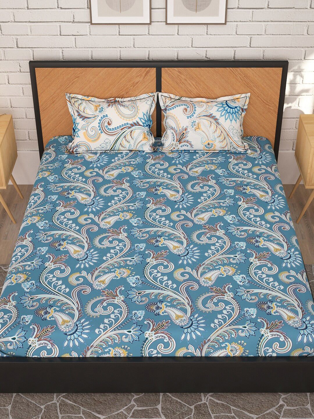 Story@home Blue & Cream-Coloured Ethnic Motifs 180 TC Queen Bedsheet With 2 Pillow Covers - Swadesiicart