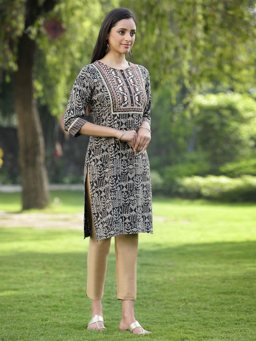 Juniper Black Rayon Festive Embroidered Printed Straight Tunic For Women | Swadesiicart