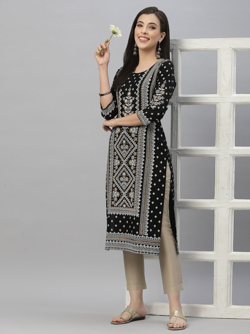 Juniper Black Rayon Festive Placement Print Straight Kurta For Women | Swadesiicart