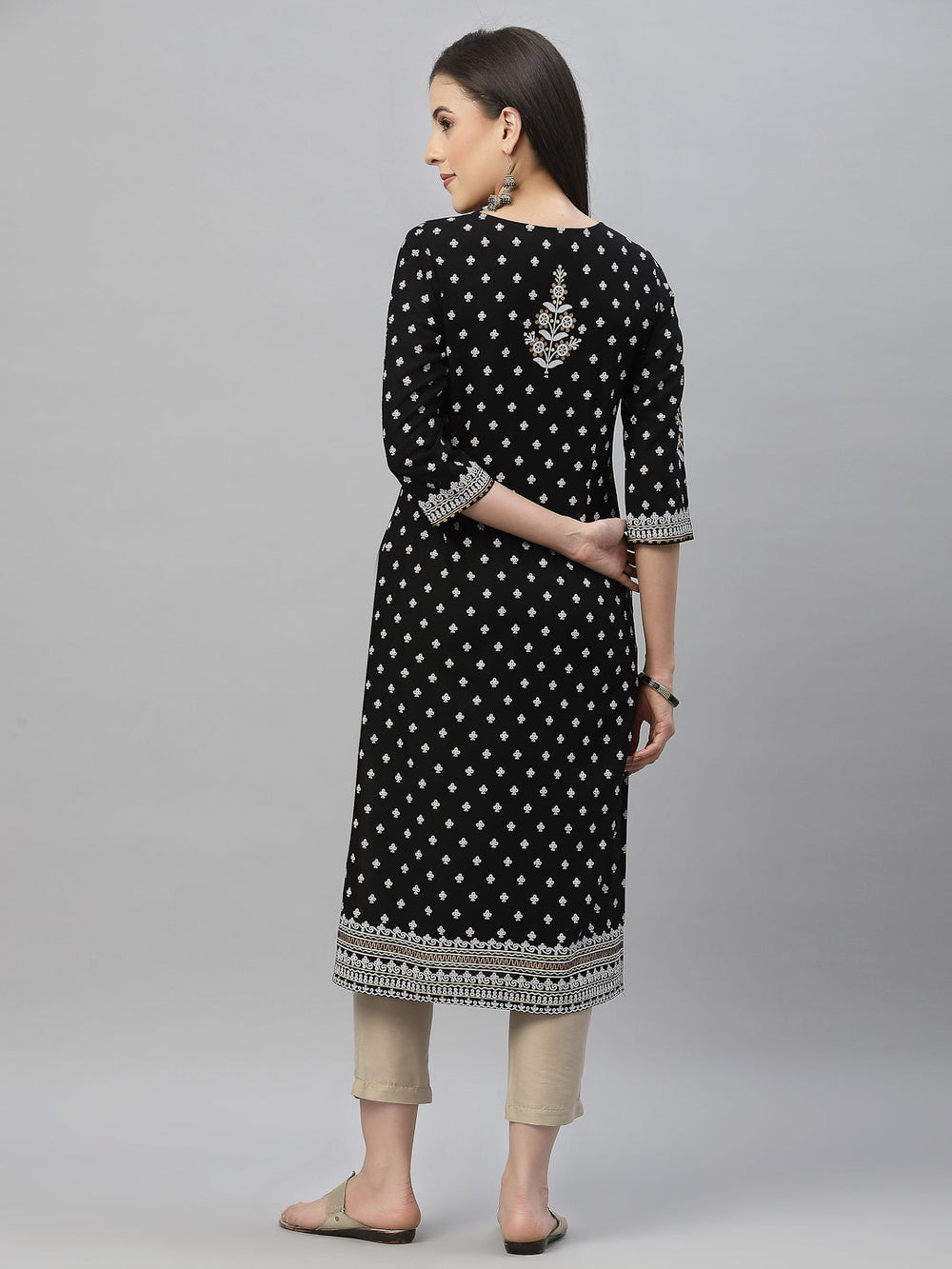 Juniper Black Rayon Festive Placement Print Straight Kurta For Women | Swadesiicart