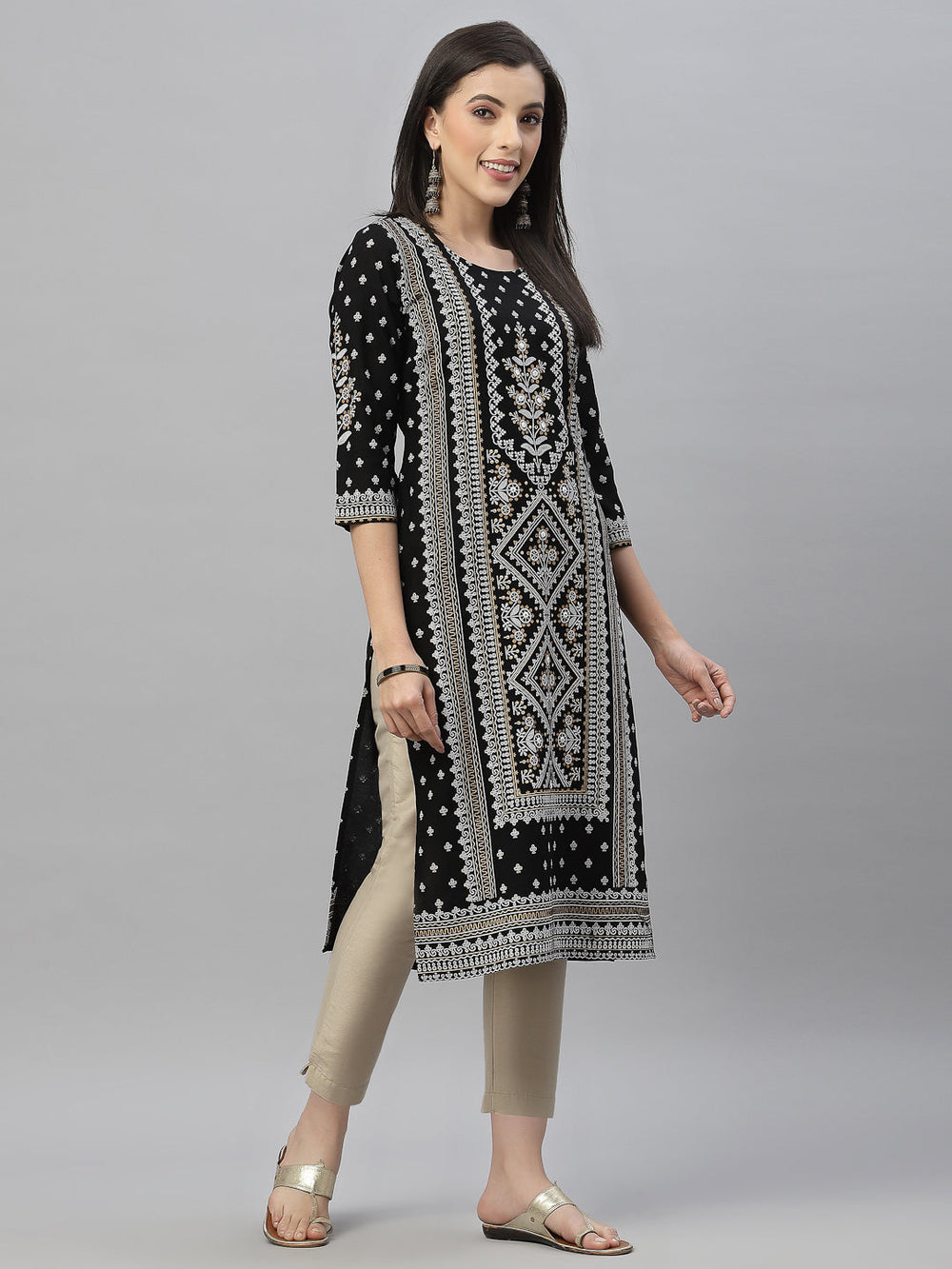 Juniper Black Rayon Festive Placement Print Straight Kurta For Women | Swadesiicart