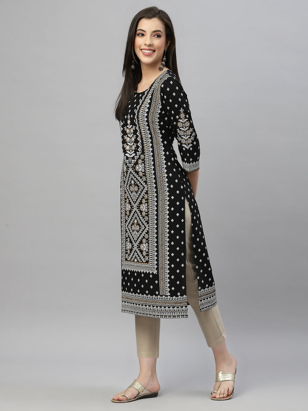 Juniper Black Rayon Festive Placement Print Straight Kurta For Women | Swadesiicart