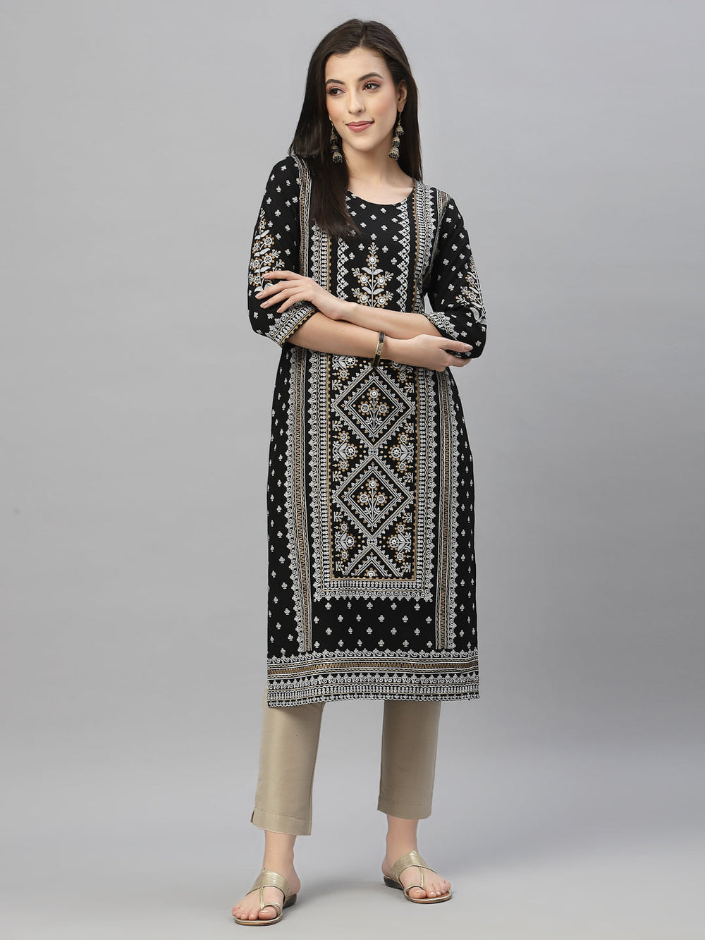 Juniper Black Rayon Festive Placement Print Straight Kurta For Women | Swadesiicart