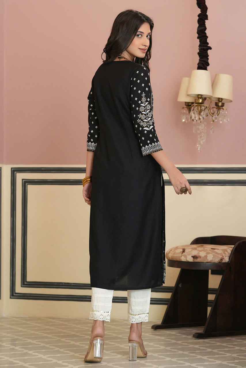 Juniper Women's Black Rayon Staple Straight Placement Print Kurta | Swadesiicart