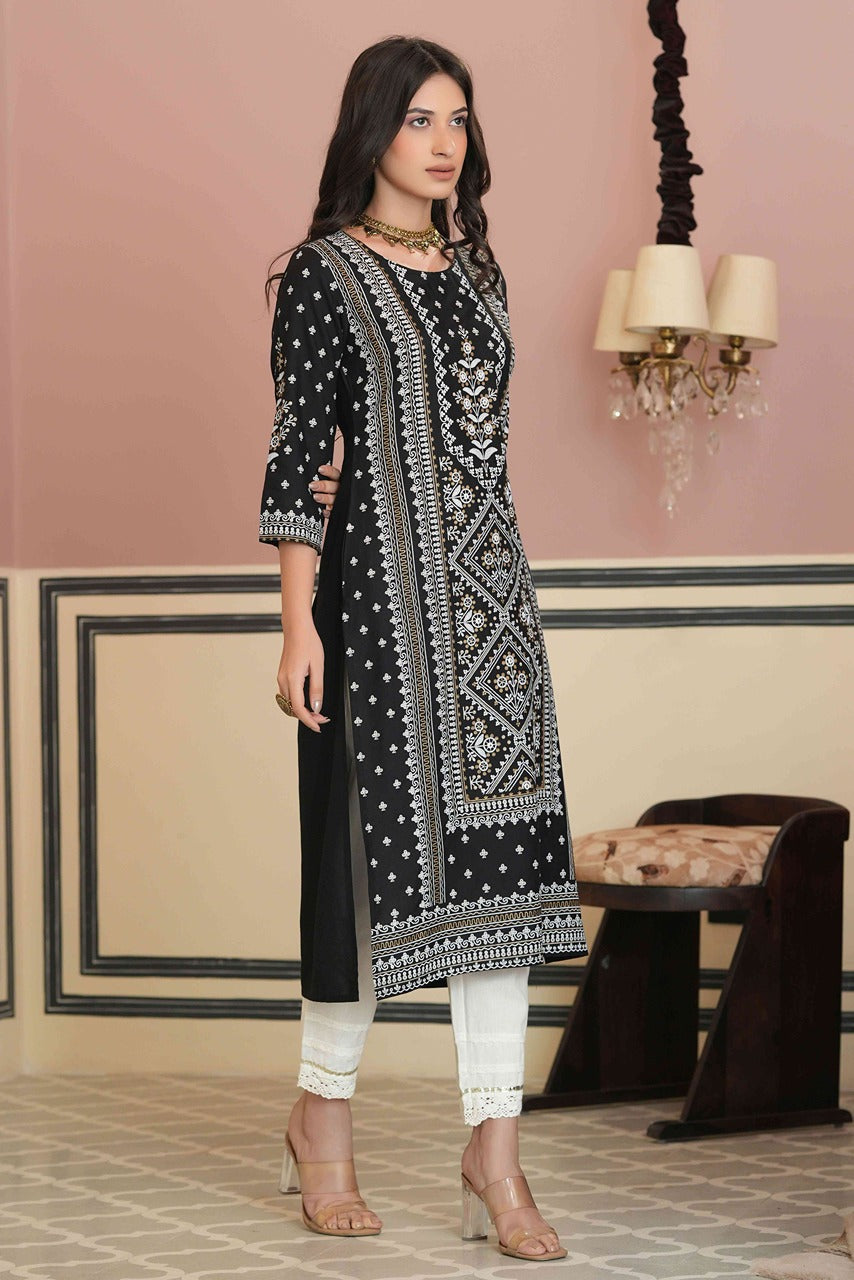 Juniper Women's Black Rayon Staple Straight Placement Print Kurta | Swadesiicart