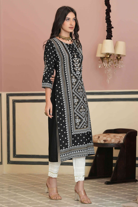 Juniper Women's Black Rayon Staple Straight Placement Print Kurta | Swadesiicart