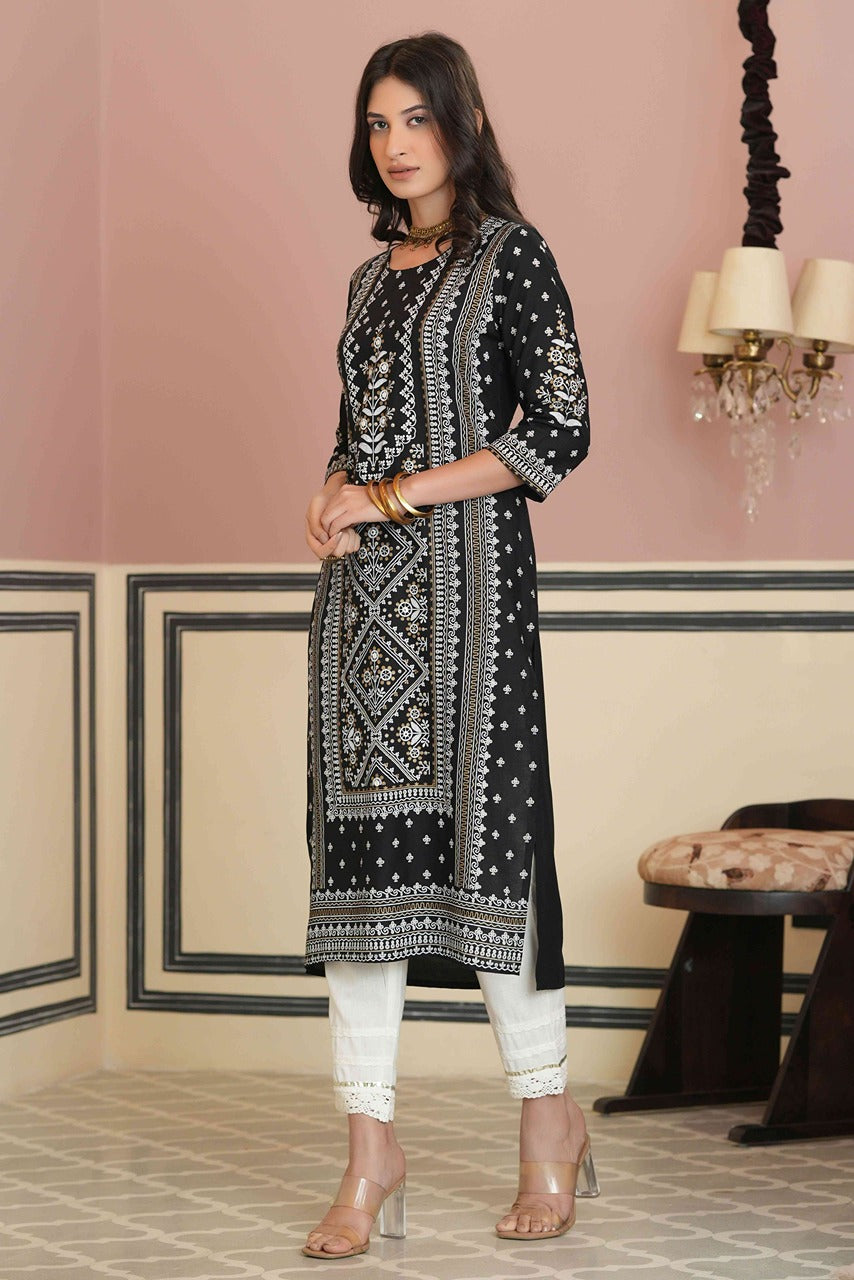 Juniper Women's Black Rayon Staple Straight Placement Print Kurta | Swadesiicart