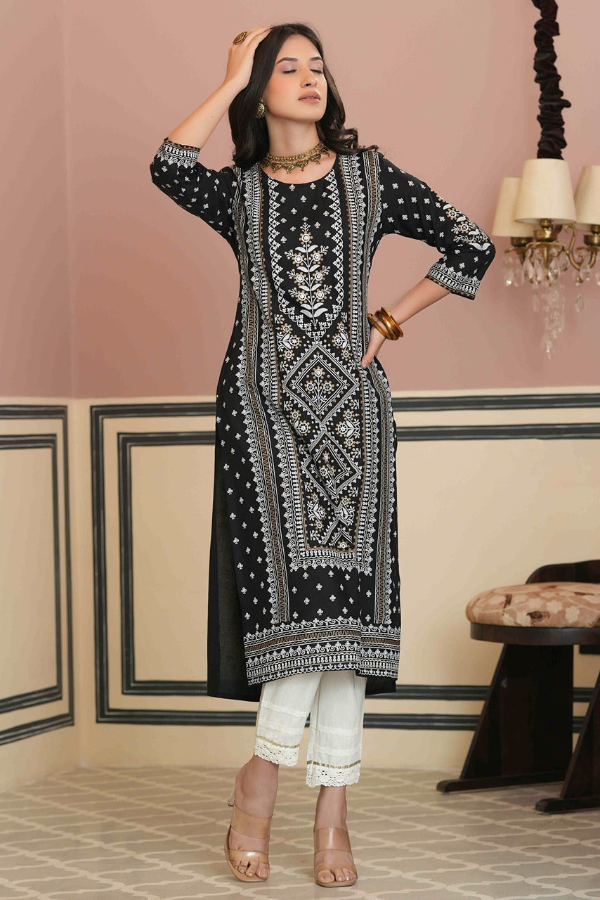 Juniper Women's Black Rayon Staple Straight Placement Print Kurta | Swadesiicart