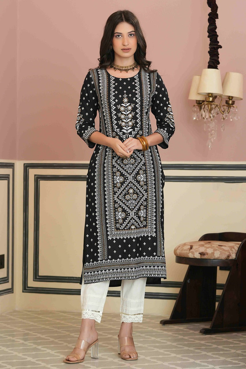 Juniper Women's Black Rayon Staple Straight Placement Print Kurta | Swadesiicart