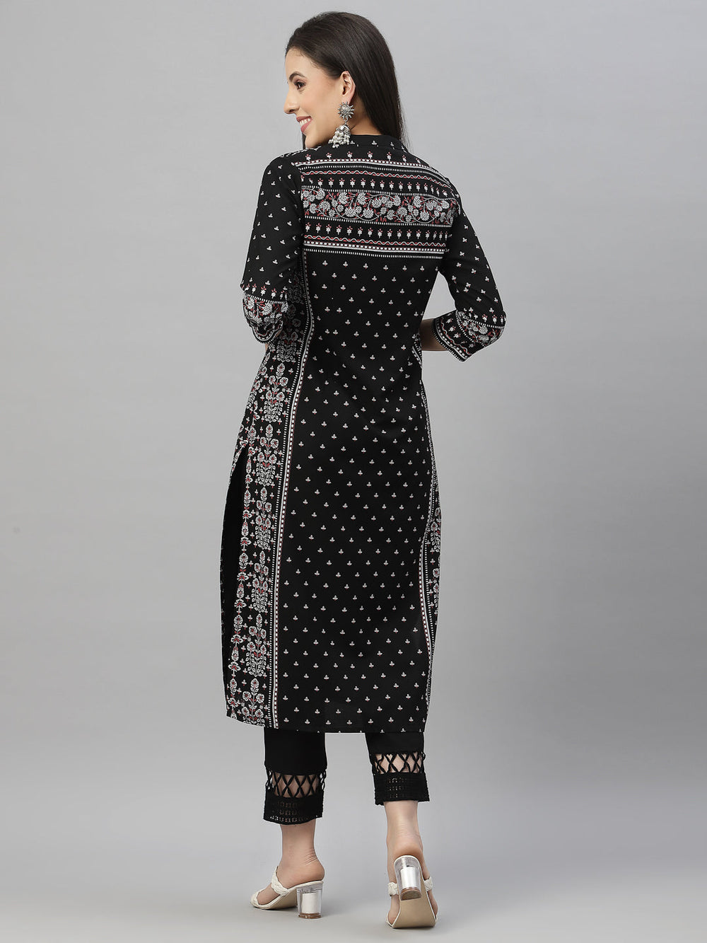 Juniper Black Rayon Festive Placement Print Straight Kurta For Women | Swadesiicart