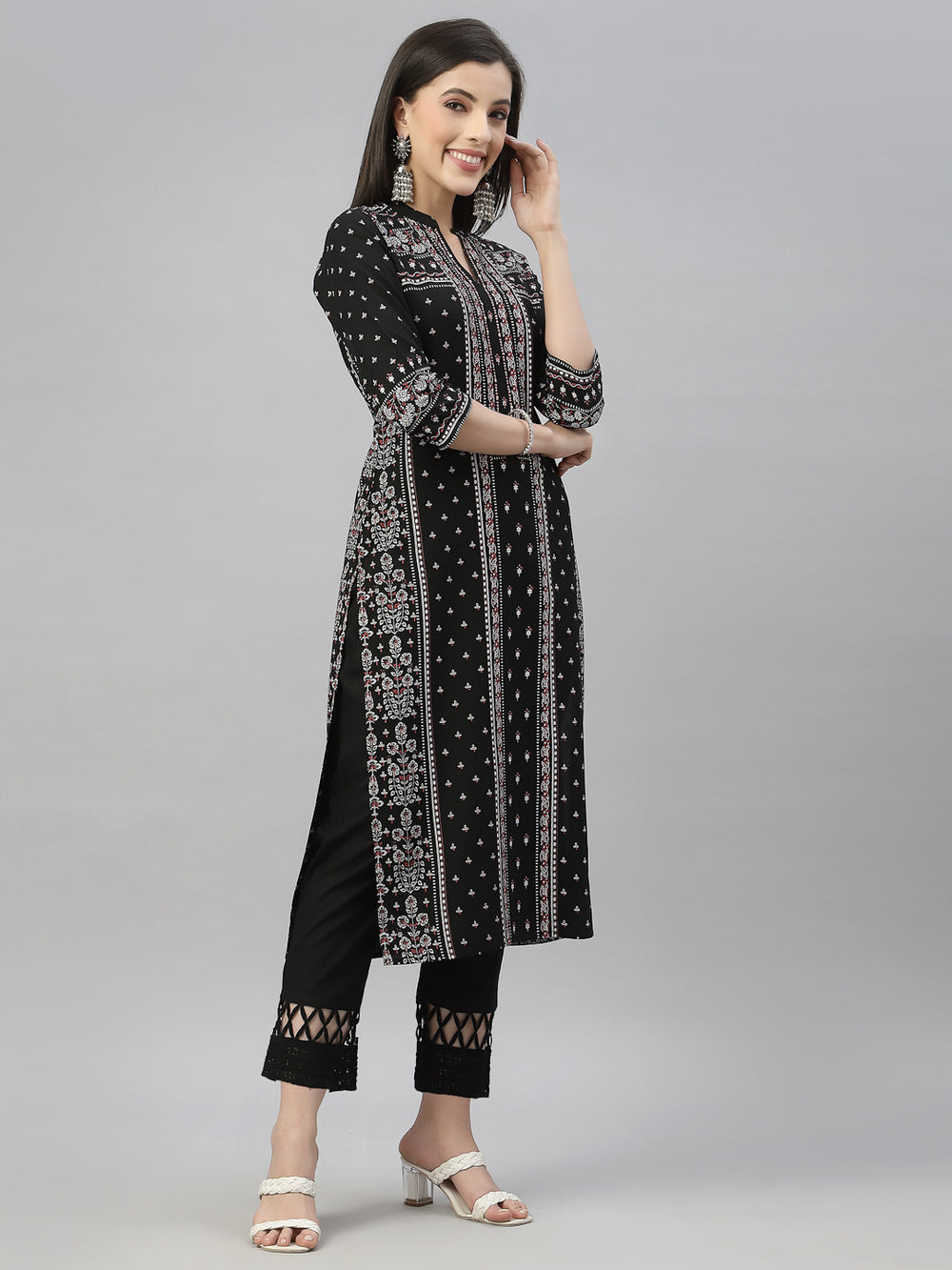 Juniper Black Rayon Festive Placement Print Straight Kurta For Women | Swadesiicart