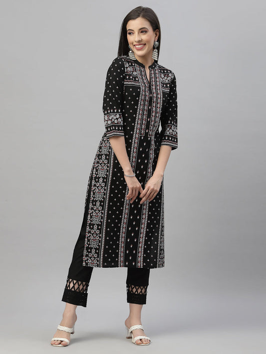 Juniper Black Rayon Festive Placement Print Straight Kurta For Women | Swadesiicart
