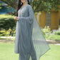 Juniper Grey Muslin Festive Printed Straight Skd For Women - Swadesiicart