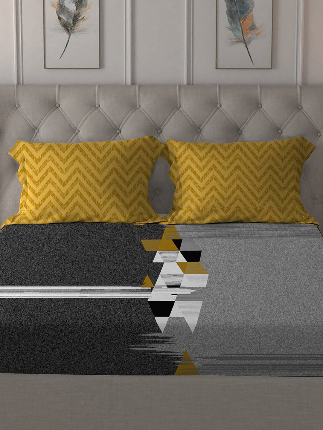 MYTRIDENT Grey Melange White Geometric Cotton 144 TC Queen Bedsheet With 2 Pillow Covers - Swadesiicart