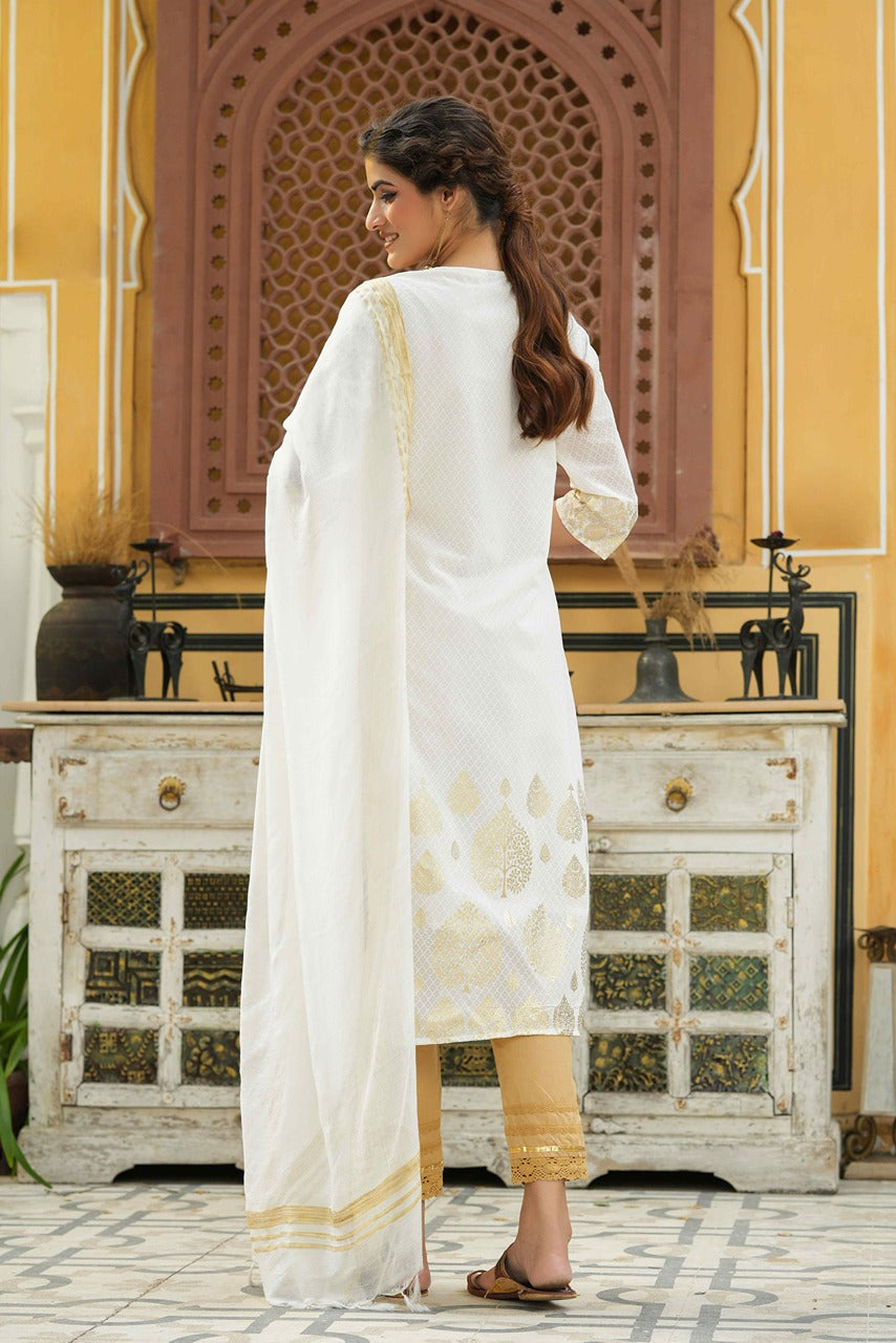 Juniper Off - White Georgette Festive Printed Straight Kurta Dupatta Set For Women - Swadesiicart