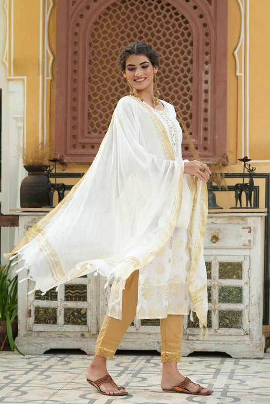 Juniper Off - White Georgette Festive Printed Straight Kurta Dupatta Set For Women - Swadesiicart