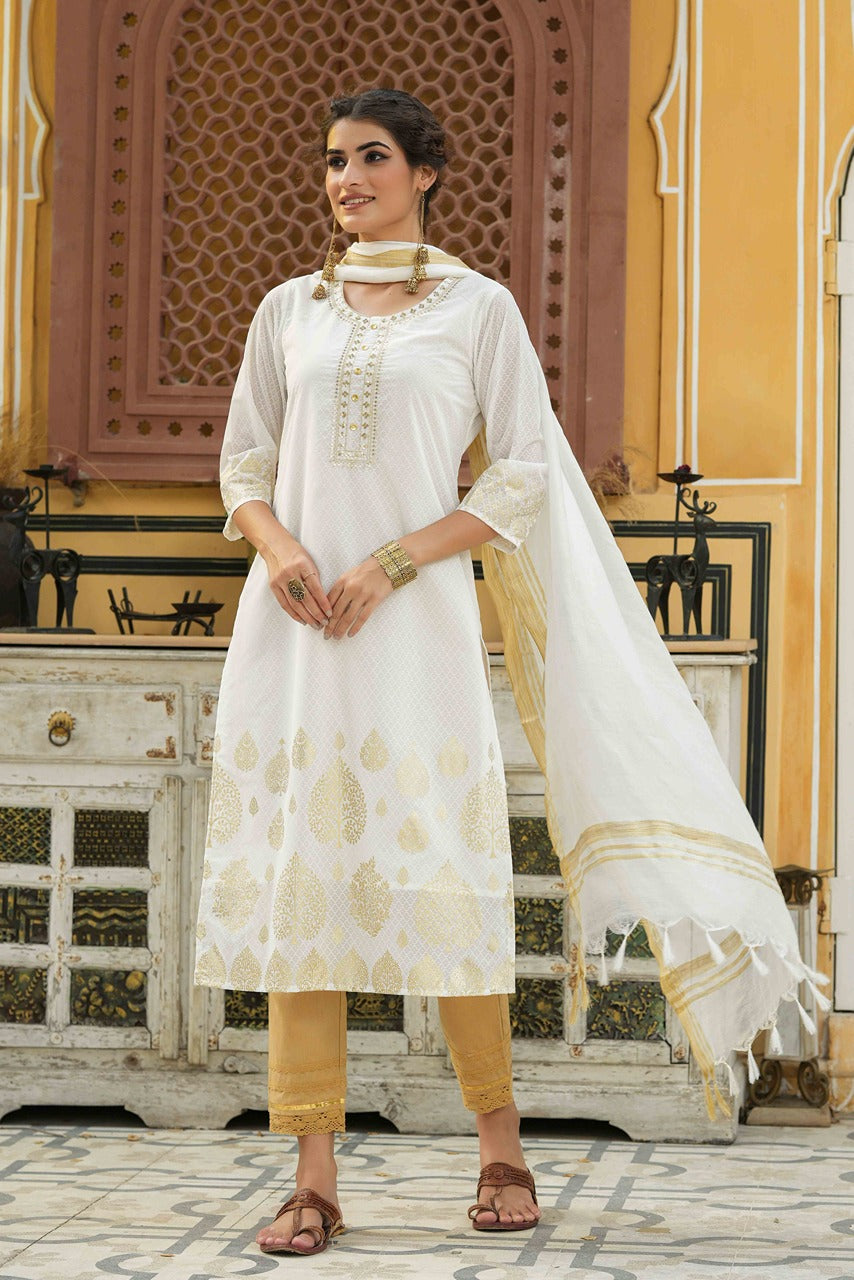 Juniper Off - White Georgette Festive Printed Straight Kurta Dupatta Set For Women - Swadesiicart