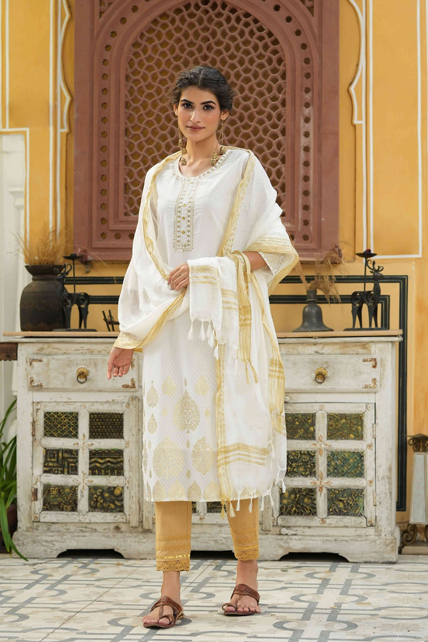 Juniper Off - White Georgette Festive Printed Straight Kurta Dupatta Set For Women - Swadesiicart