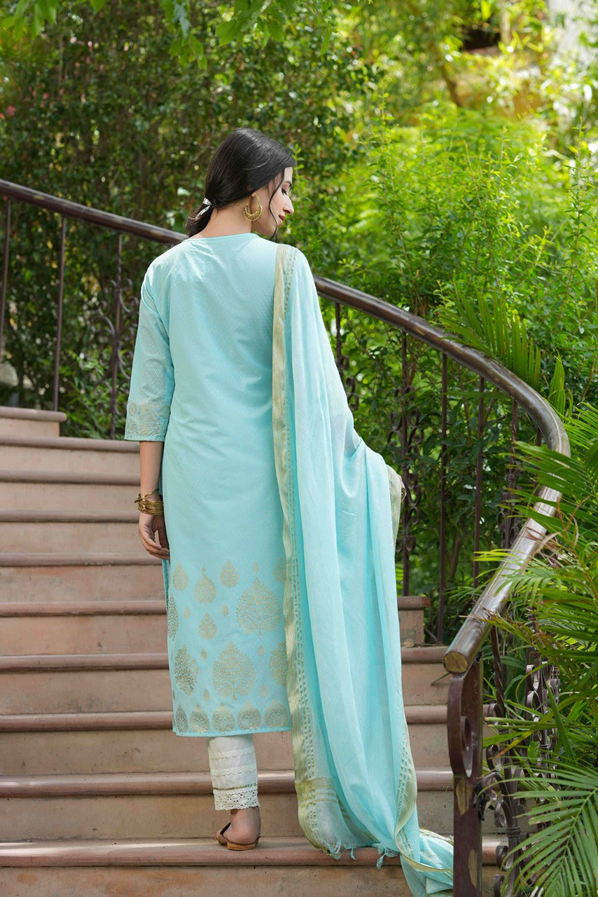 Juniper Sky Blue Georgette Festive Printed Straight Kurta Dupatta Set For Women | Swadesiicart